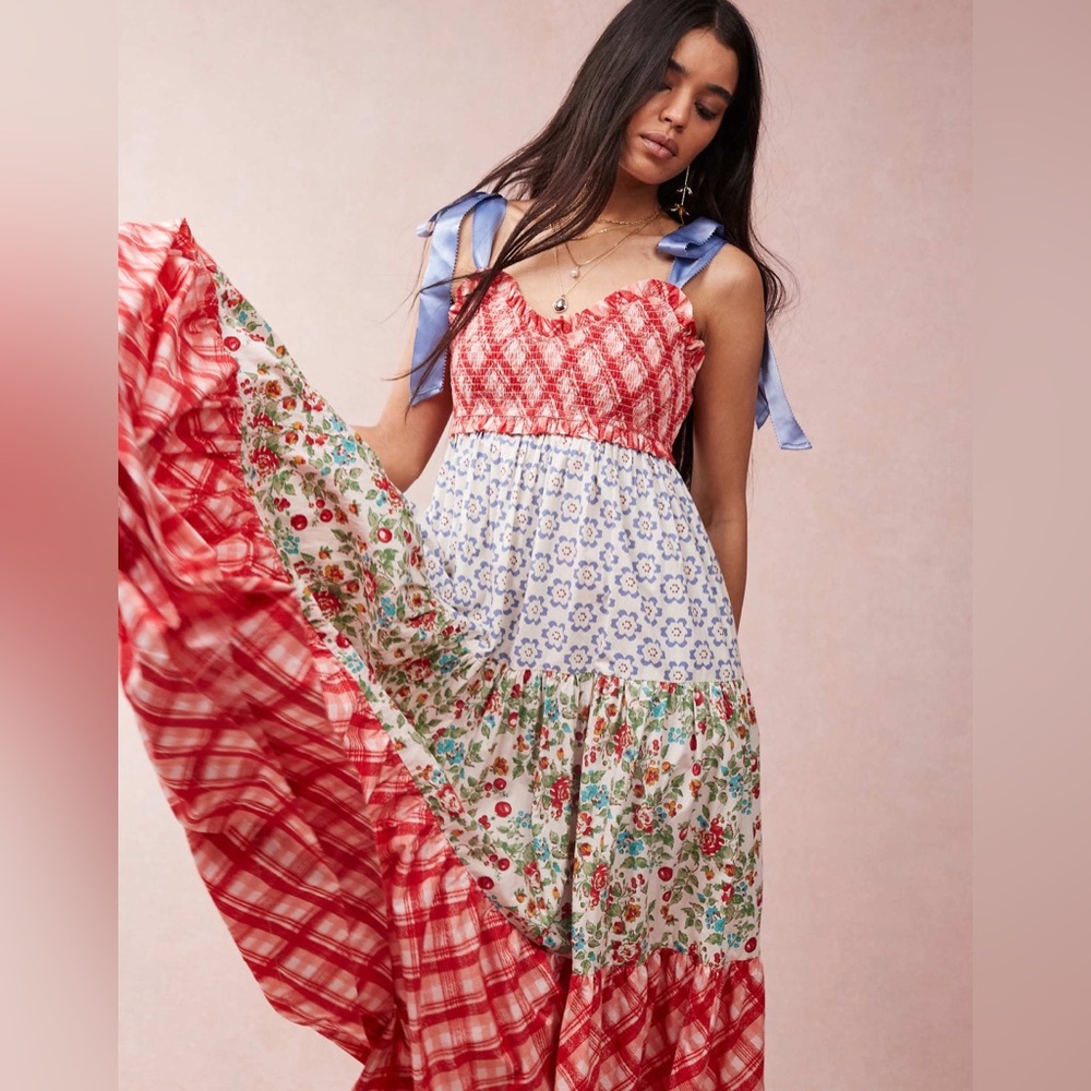 Free People Red, White and Blue Patchwork Tiered Maxi Dress - Picture 2 of 4